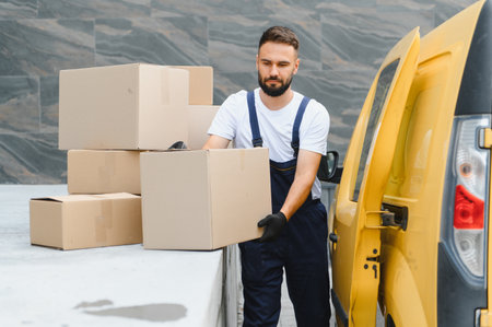Courier wearing gloves lifting a cardboard box from a stack beside a yellow delivery van, handling...