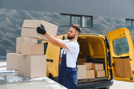 Courier gloves wearing carefully stacking parcels onto a pile of boxes on top of a commercial van,...