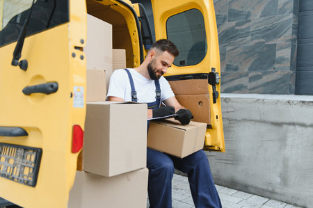 Delivery man writing on clipboard while checking packages list sitting in a van full of cardboard...