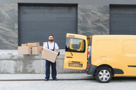 Deliveryman wearing overalls and gloves holding cardboard box next to open yellow delivery van