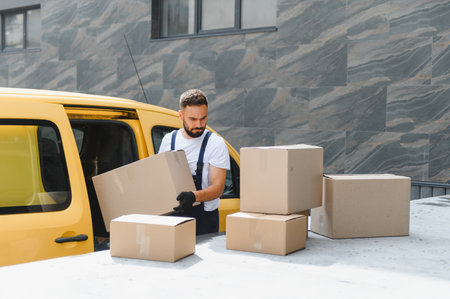 Courier unloading parcels from a yellow van, preparing for efficient home delivery service on a sunny urban streetの写真素材