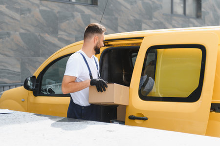 Delivery driver retrieving a parcel from a bright yellow van parked outside a sleek modern building on a sunny urban streetの写真素材