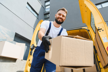 Courier wearing gloves and smiling while holding a cardboard box next to a bright yellow delivery...