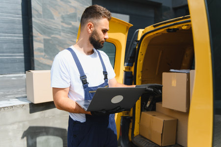 Courier wearing gloves and using laptop checking cardboard boxes while working for a delivery serviceの写真素材