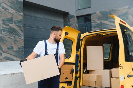 Courier wearing gloves is carrying a cardboard box from a yellow delivery van filled with packages,...