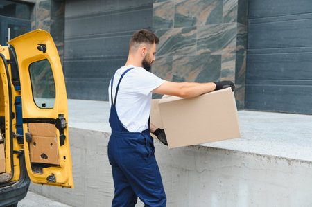 Courier unloading cardboard boxes from a delivery van, performing his daily duties in logistics and transportationの写真素材
