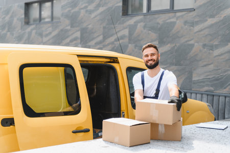Smiling deliveryman holding cardboard boxes next to his yellow delivery van, ready to deliver packagesの写真素材