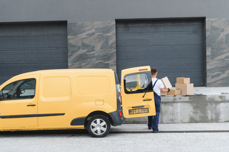 Courier carrying parcels from open delivery van, preparing for shipping and handling of merchandiseの写真素材