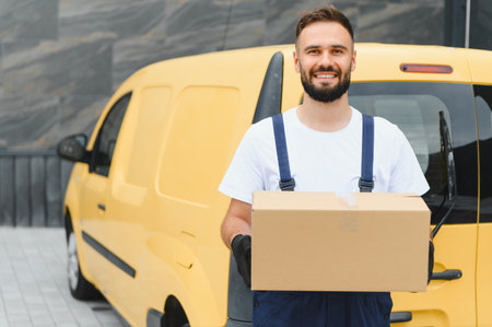 Delivery worker wearing black gloves holding a cardboard box and smiling near his yellow delivery vanの写真素材