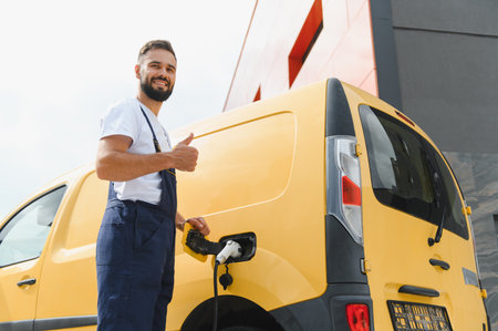 Courier charging an electric delivery van while giving a thumbs up near a modern building, embodying sustainable transportation and innovationの写真素材