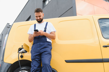 Smiling delivery man using a smartphone while charging an electric van in a bustling urban environment, embodying modern sustainable transportの写真素材