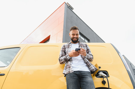 Delivery driver using smartphone while his electric van is charging in front of modern building