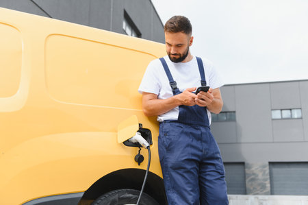 Delivery man checking his smartphone while charging an electric van outside a warehouse, highlighting modern logistics and eco friendly practicesの写真素材