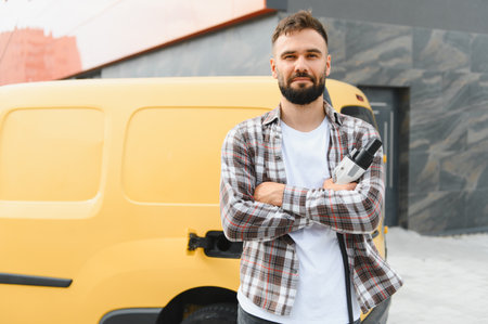 Confident delivery driver holding charging cable with arms crossed, standing by his electric van, promoting sustainable transportationの写真素材