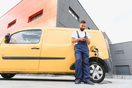 Delivery driver using a smartphone while waiting for his electric van to charge next to a modern building in an urban settingの写真素材