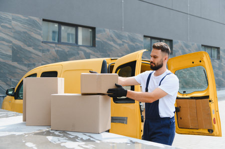Courier in overalls and black gloves loading cardboard boxes into a bright yellow delivery van,...