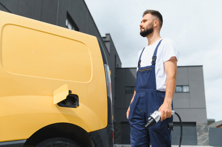 Worker holding a charging cable while connecting an electric van to a charging station, supporting...