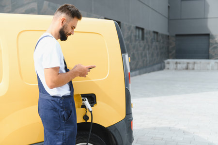 Courier checking his smartphone while charging his electric delivery van at a charging stationの写真素材