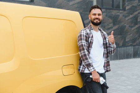 Delivery man holding charging cable gesturing thumbs up while leaning on his yellow electric delivery vanの写真素材
