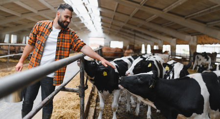 Farmer gently caressing cows in a barn while holding a bucket, nurturing livestock and engaging in daily agricultural tasksの写真素材