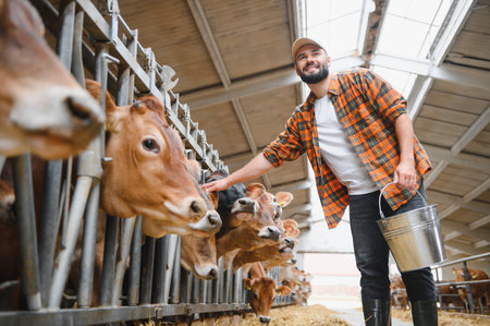 Smiling farmer gently caressing jersey cattle while holding a metal bucket inside the stable of a bustling dairy farmの写真素材