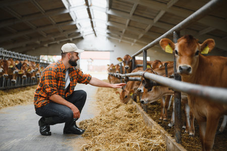 Farmer crouching and reaching out to touch jersey calves in a barn, showcasing livestock care and farming practicesの写真素材