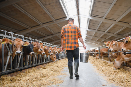 Farmer carrying metal bucket walking through stable in barn on dairy farm, feeding jersey cows with hayの写真素材