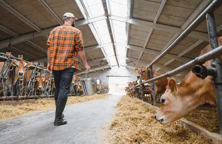 Farmer walking through a cowshed, carrying a metal bucket filled with feed for jersey cattle enjoying hay inside a rustic barnの写真素材