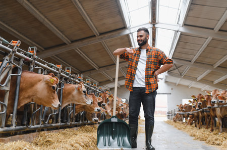 Confident farmer leaning on shovel and posing in cowshed on dairy farm, taking care of livestock