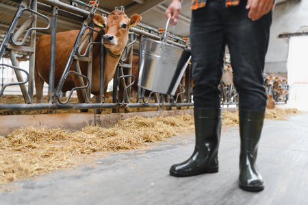 Farmer wearing rubber boots carrying metal bucket walking by jersey cow in stable at dairy farmの写真素材