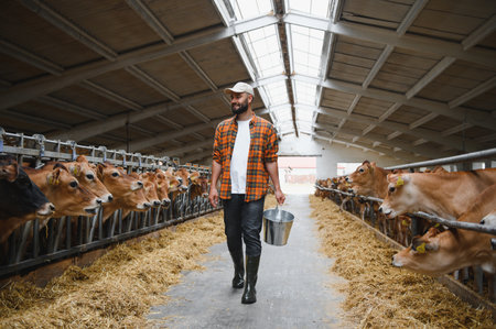 Farmer walking through the barn, carrying a metal bucket while tending to jersey cows happily munching on fresh hayの写真素材
