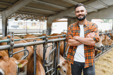 Confident farmer standing with crossed arms in cowshed, proudly overseeing his healthy livestock in...