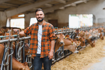 Portrait of a young farmer standing next to his jersey cows in a barn, representing the agricultural...