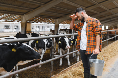 Young farmer holding a metal bucket and wiping sweat from his forehead while surrounded by black and white cows in the barnの写真素材