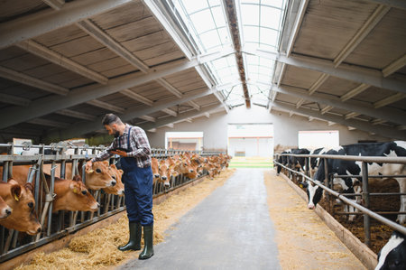 Farmer using digital tablet and stroking cows in barn, showcasing connection between technology and traditional farmingの写真素材