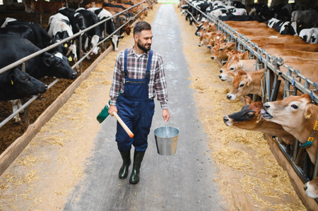 Farmer walking through a cowshed, carrying a bucket and shovel while tending to jersey cattle in a rural agricultural settingの写真素材
