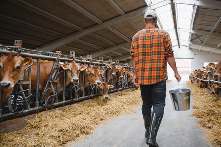 Farmer walking through a barn, carrying a bucket while jersey cattle enjoy hay in a cozy, rustic setting filled with livestockの写真素材