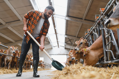 Young farmer spreading hay inside a cowshed, caring for jersey cows and ensuring their well being in a rural agricultural settingの写真素材