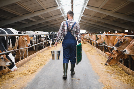 Farmer carrying metal bucket and shovel walking in cowshed aisle towards jersey cattle eating hay and fodder inside stable at dairy farmの写真素材