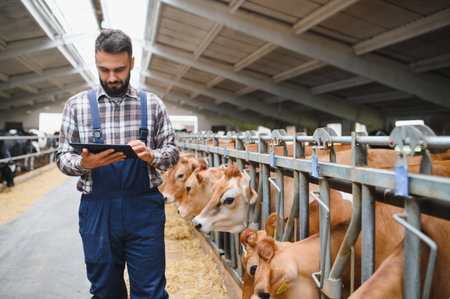 Farmer using digital tablet managing cows in cowshed, controlling livestock and smart farming...