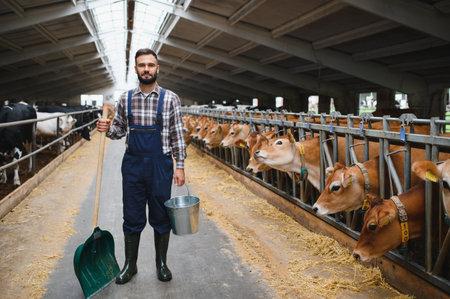 Farmer holding a shovel and bucket stands beside jersey cattle munching on hay inside a barn on a bustling dairy farmの写真素材