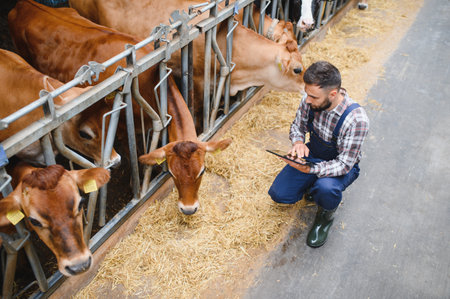Farmer using tablet computer while crouching and monitoring cows feeding in a modern barn, managing livestock and agricultural productionの写真素材
