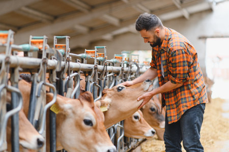 Young farmer caressing a jersey cow's head in a modern barn, showcasing connection between farmer and livestockの写真素材
