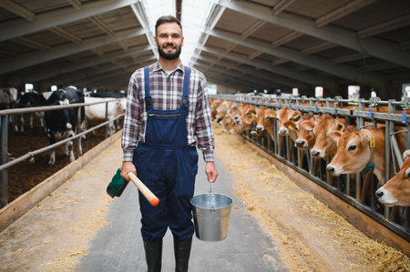 Young farmer carrying a bucket and shovel, walking through a stable filled with jersey cows, tending to livestock in a rural settingの写真素材
