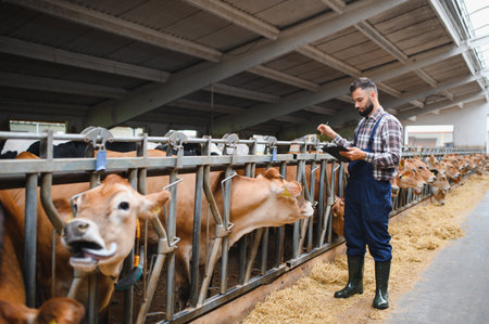 Farmer holding clipboard taking notes while inspecting brown jersey cows in a modern barn of a...