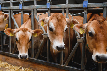 Jersey cows eating hay in a barn, showcasing modern farming practices and sustainable agriculture