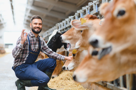 Young farmer showing ok sign while petting jersey cattle in a barn, highlighting livestock care and farm production qualityの写真素材