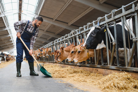 Farmer using a pitchfork to distribute hay to cows inside a modern barn, showcasing the daily...