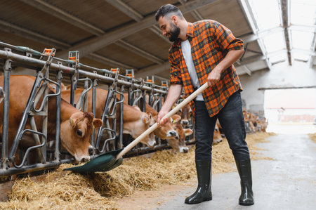 Farmer using pitchfork, distributing hay to jersey cows in a contemporary barn, showcasing modern farm practicesの写真素材