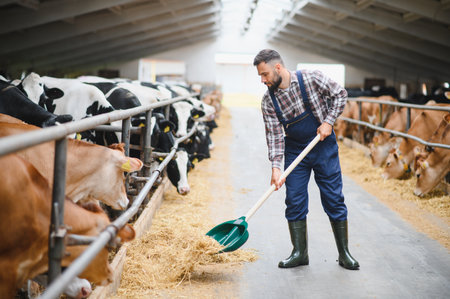 Farmer using a shovel to distribute hay to a herd of cows inside a barn, demonstrating traditional farming practices in a contemporary agricultural settingの写真素材